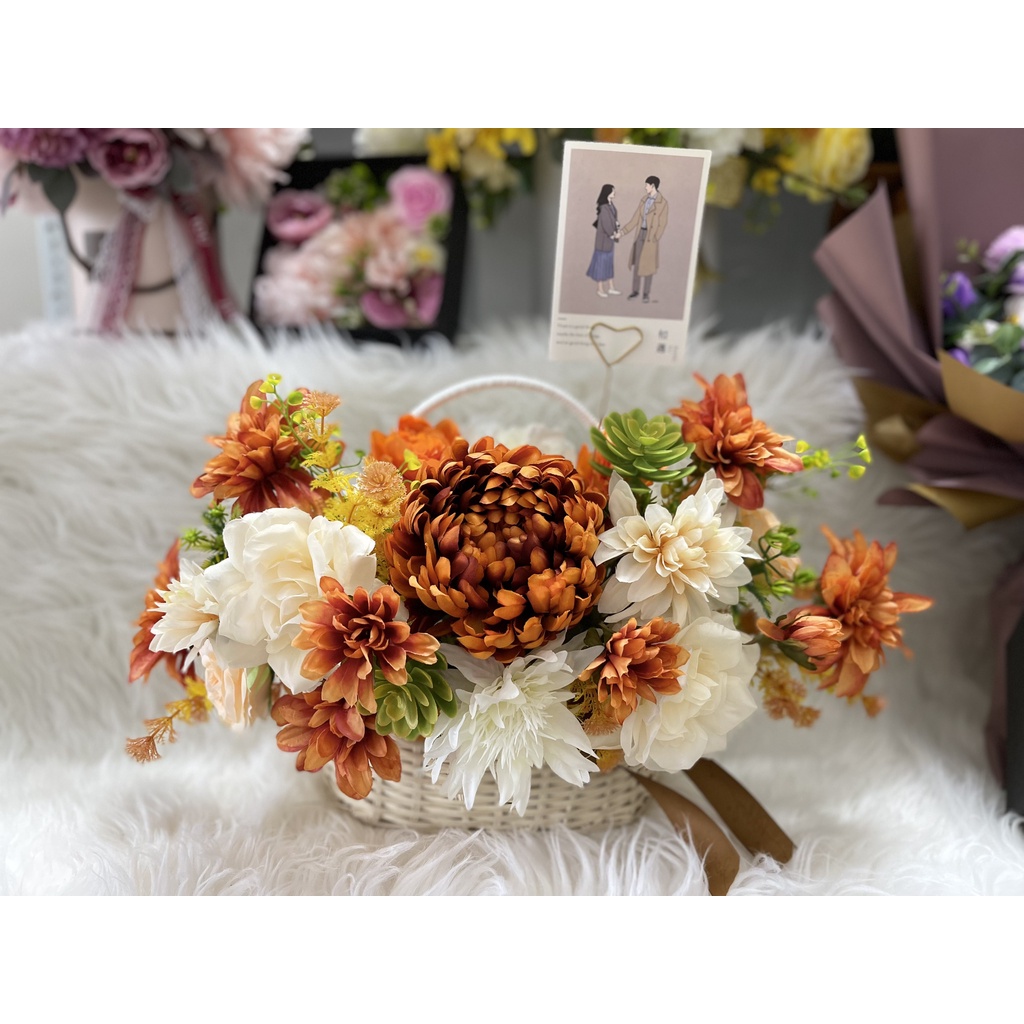 lẵng hoa lụa nhiều tone màu - ship hoả tốc