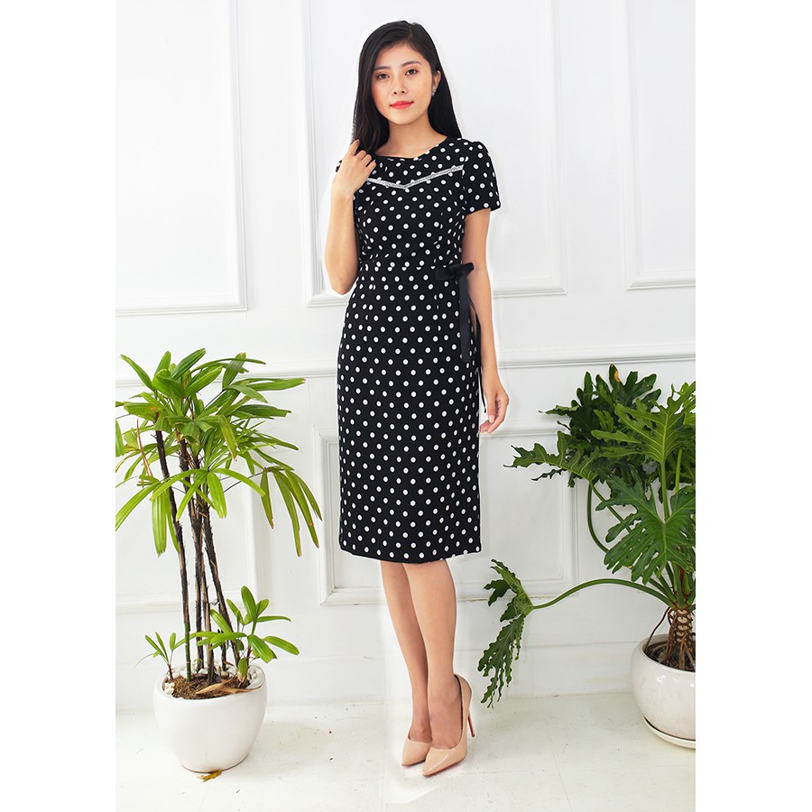 [ HÌNH THẬT] ĐẦM CÔNG SỞ, KIỂU ĐẦM ÔM IN CHẤM BI ĐÍNH NƠ EO PHỐI RUY BĂNG KIM TUYẾN SC3046 - TẶNG PK NGẪU NHIÊN