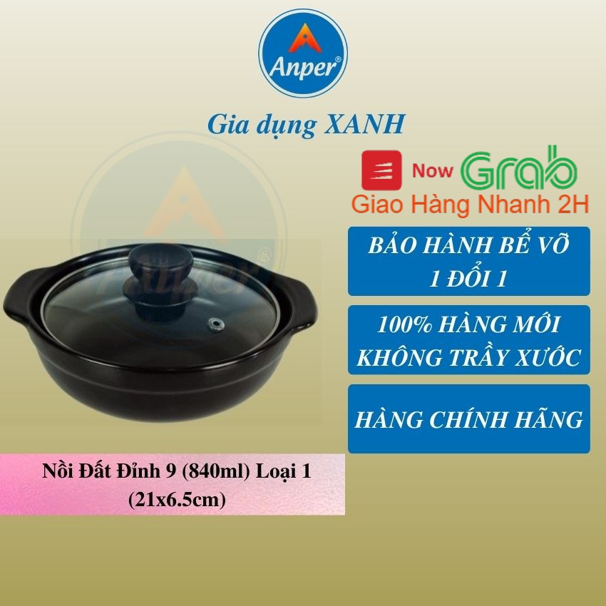 Nồi Đất Hàn Quốc Loại 1 Cạn 840ML Anper+ Nắp Kính Men Chống Dính (KO Bếp Từ) ,Nồi Kho Quẹt, Kho Thịt Cá Nấu Mì Đ9