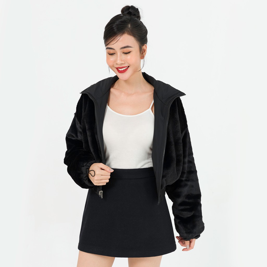 Áo phao croptop lót lông (mặc 2 mặt) LAMER N65P20T084 (đen)