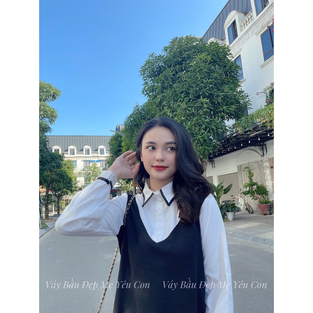 Váy Bầu - Đầm Bầu GUME giả yếm, cổ đức viền đen, form dáng chữ A thoải mái tới khi sinh MYC 1278