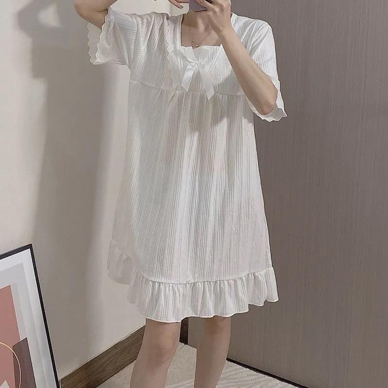 Váy ngủ nữ lưới nơ đỏ mùa hè phiên bản hàn quốc rời học sinh dễ thương ngọt ngào váy dài tay ngắn mặc nhà