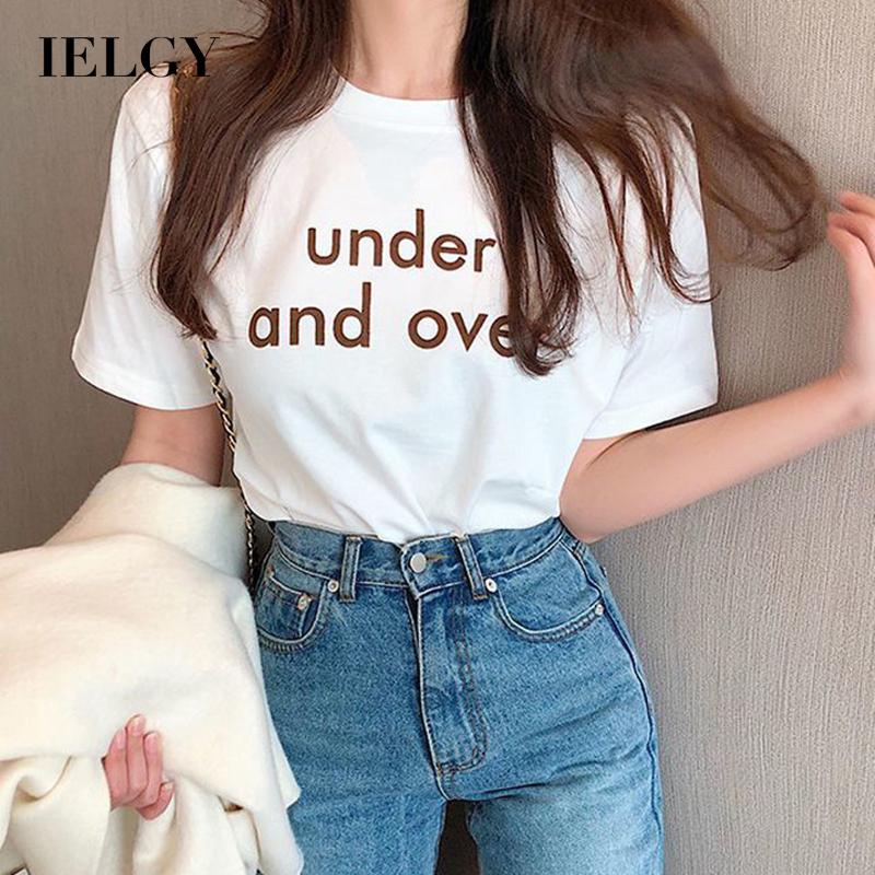 Áo thun IELGY cổ tròn ngắn tay dáng rộng in chữ phong cách Hàn Quốc thời trang hè cho nữ