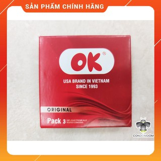 Bao cao su OK Original đỏ trơn, 49mm, bao cao su kế hoạch hóa gia đình giá rẻ hộp 3 chiếc