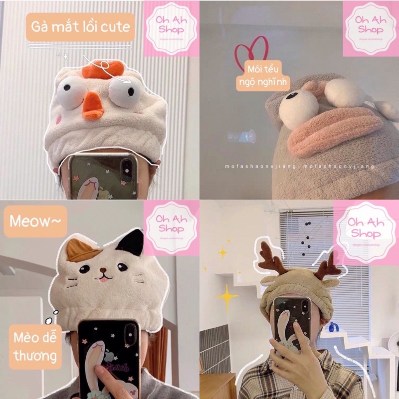 Mũ Khăn Siêu Thấm Dễ Thương Khăn Lau Đầu Hình Con Vật Dễ Thương Ohahshop