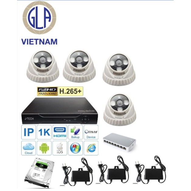 Trọn bộ 4 CAMERA IP J-TECH SHD3206C ( 3MP / H.265+ / Human Detect ) + Đầu ghi J-Tech HD6208 ( H265+ )