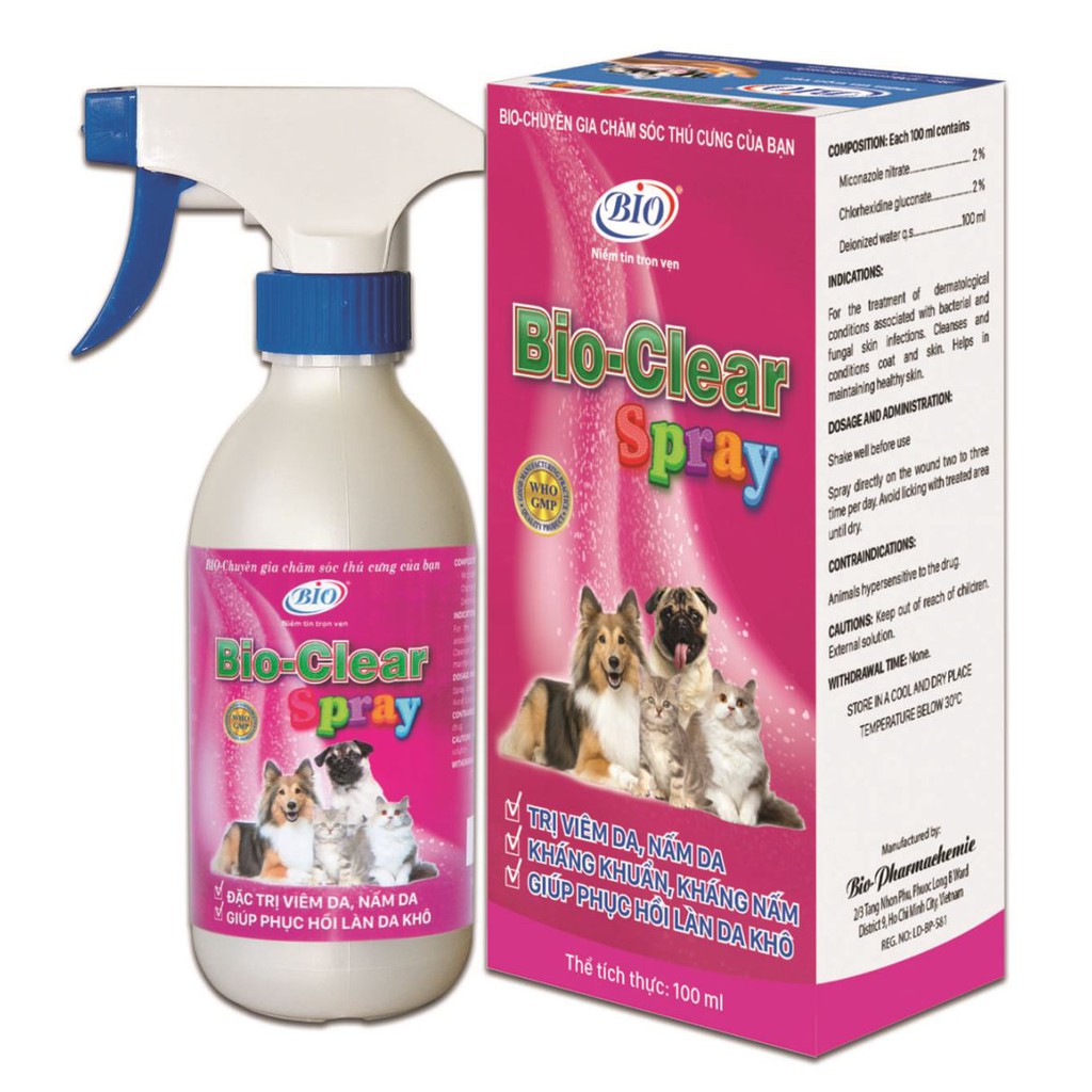 Chai xịt viêm da, nấm da chó mèo Bio Clear Spray (100ml)