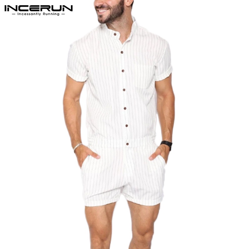 Áo liền quần Ngắn Tay Kẻ Sọc Phối Nút Cá Tính Dành Cho Nam