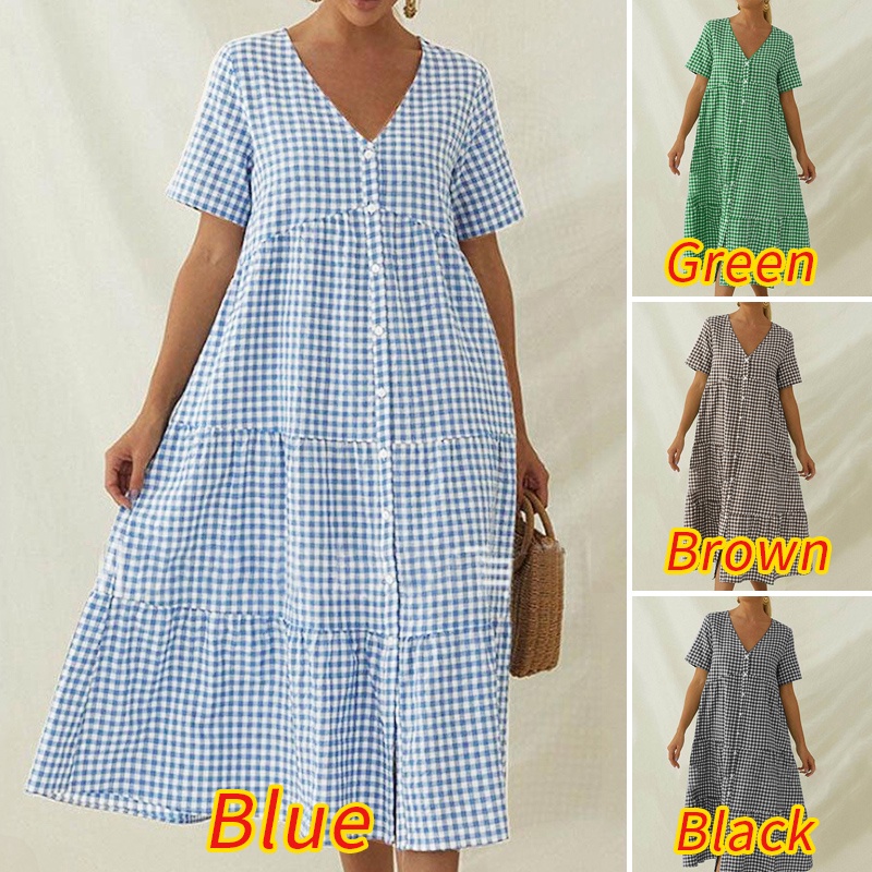 Đầm Zanzea tay ngắn cổ chữ V họa tiết sọc caro thiết kế xếp tầng thời trang cho nữ