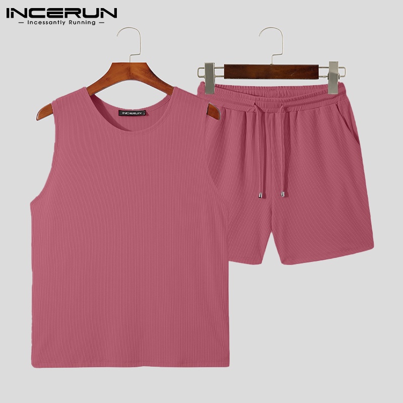 Bộ đồ INCERUN gồm áo sát nách không tay và quần đùi dây rút thiết kế đơn giản thời trang thường nhật dành cho bạn nam