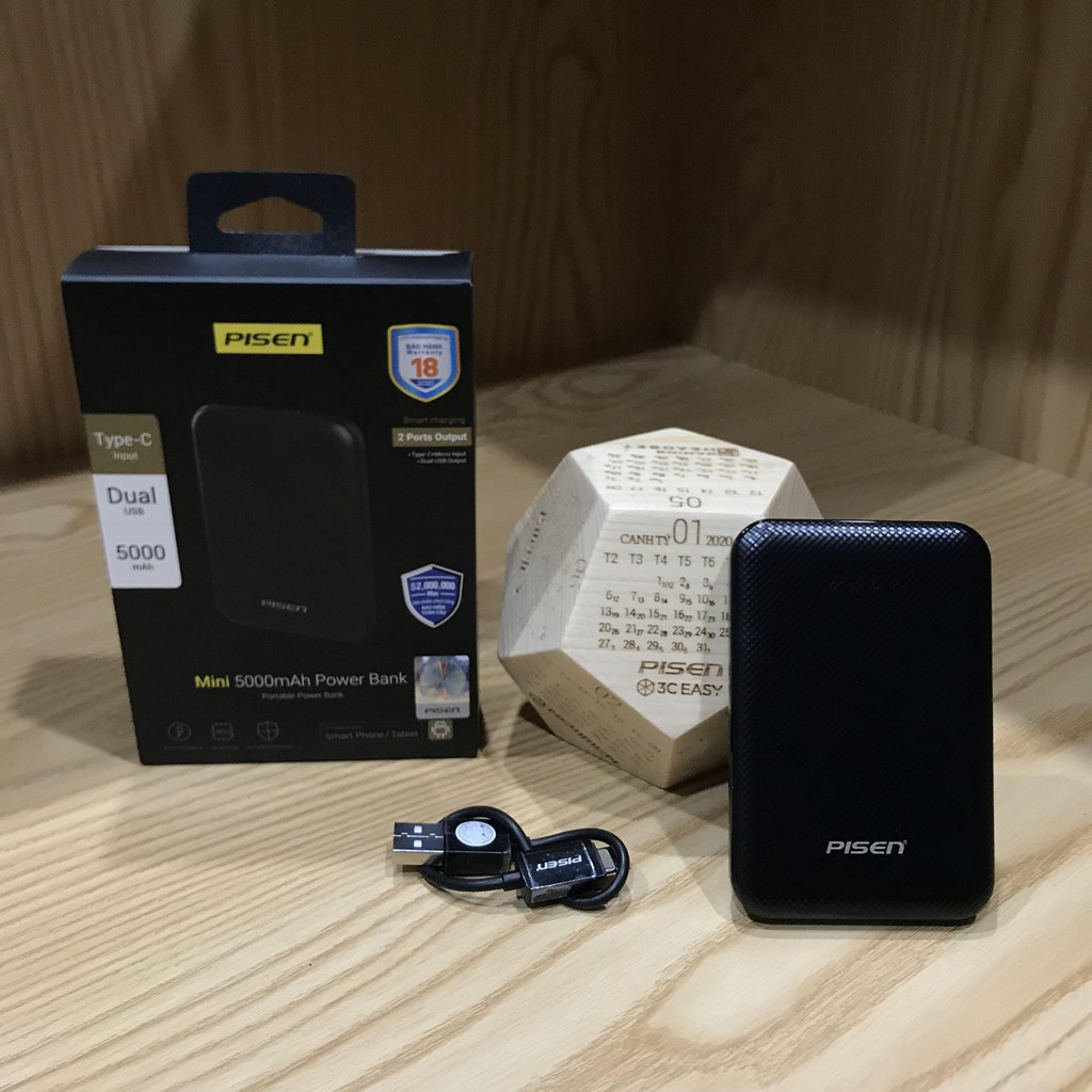 Pin Sạc Dự Phòng Pisen [DUNG LƯỢNG CHUẨN] Mini 5000mAh (Type-C, 2xUSB Smart )- Ultra Slim ( Chính Hãng )