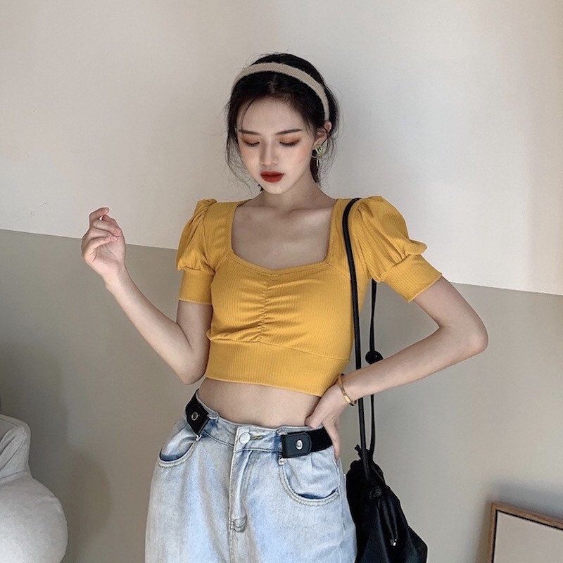 Áo Croptop 🌸nhún ngực tay phồng 🌸dễ thương thun gân loại 1( kèm hình thật 100%).