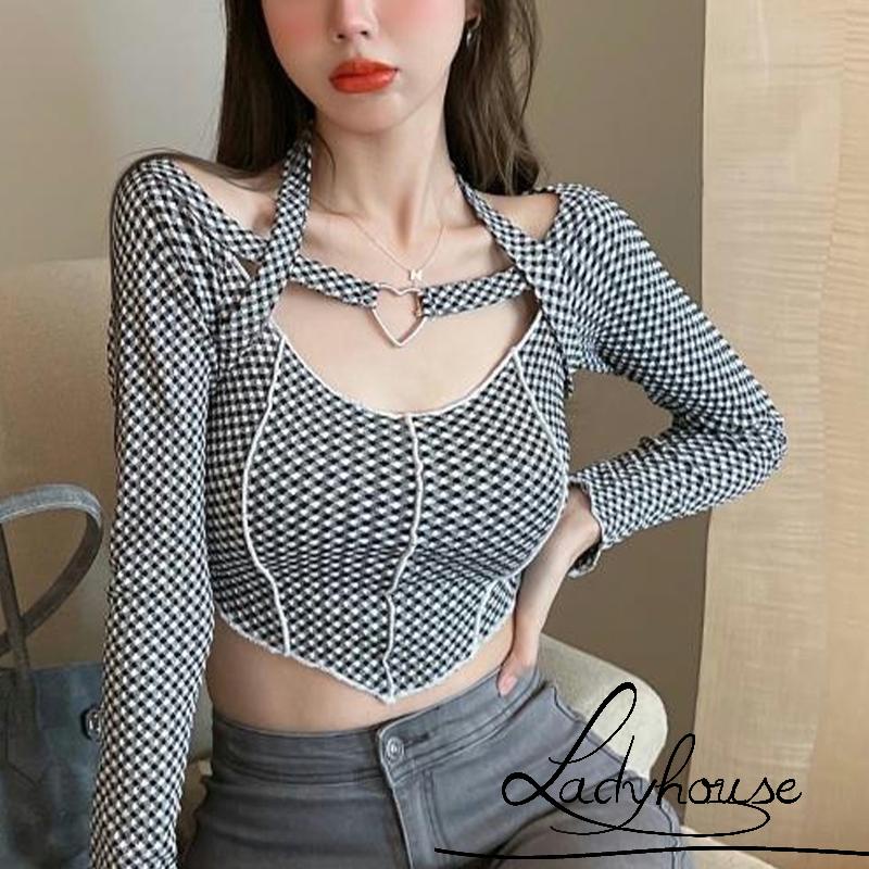 Áo Croptop Trễ Vai Tay Dài Họa Tiết Kẻ Ô Quyến Rũ Dành Cho Nữ