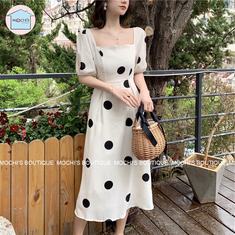 Đầm maxi cổ vuông tay phồng, mẫu maxi dáng dài qua gối họa tiết chấm bi to mới lạ, kiểu dáng đơn giản hiện đại- M064 | BigBuy360 - bigbuy360.vn