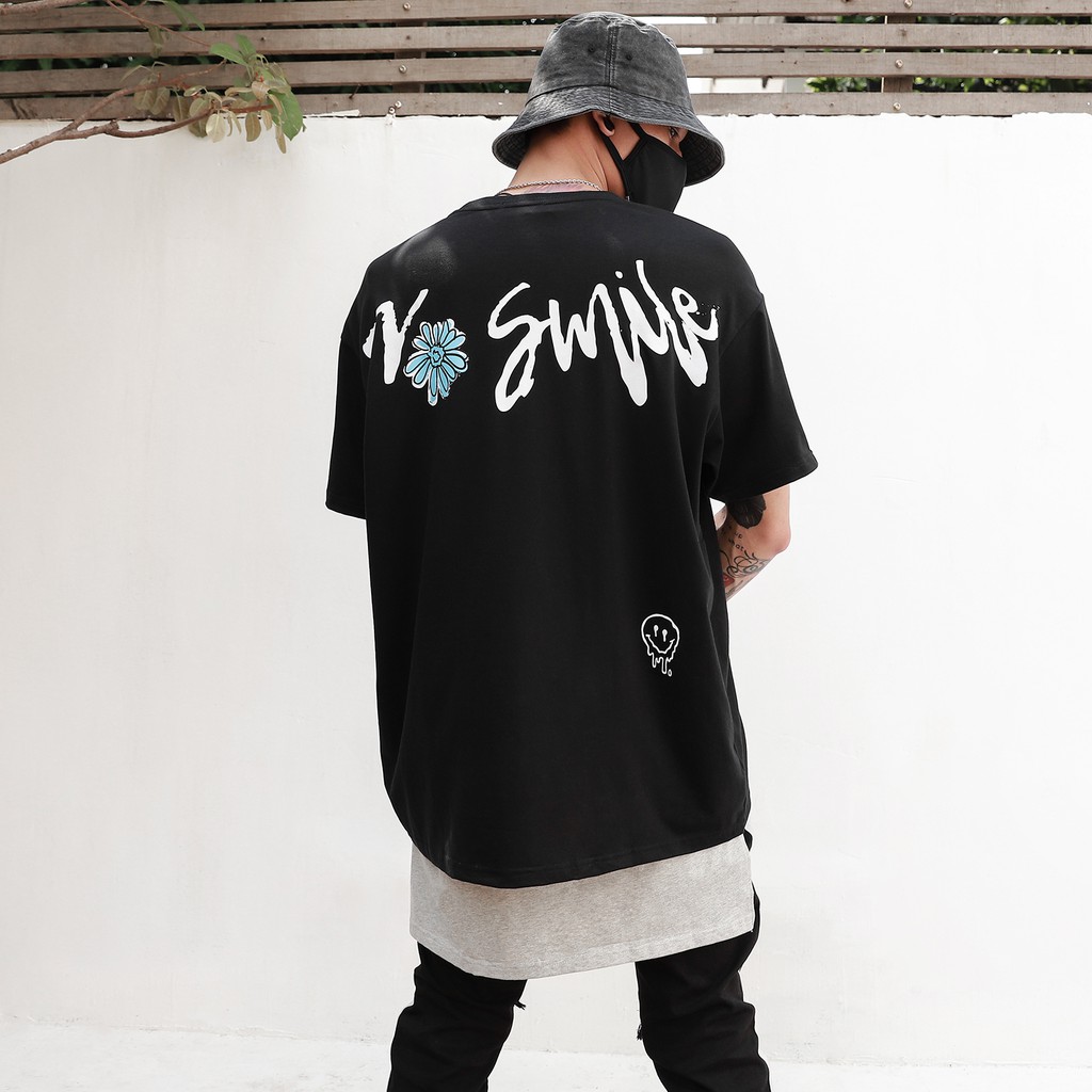 Áo Thun No Smile Màu Đen Chất Liệu Cotton Thoáng Mát Form Rộng Unisex Nam Nữ