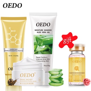 OEDO Facial Care Set：Sữa Rửa Mặt Dưỡng Ẩm + Gel Lô Hội Aloe Vera Soothing + Kem dưỡng chất ốc + Serum Dưỡng Da Hoa hồng