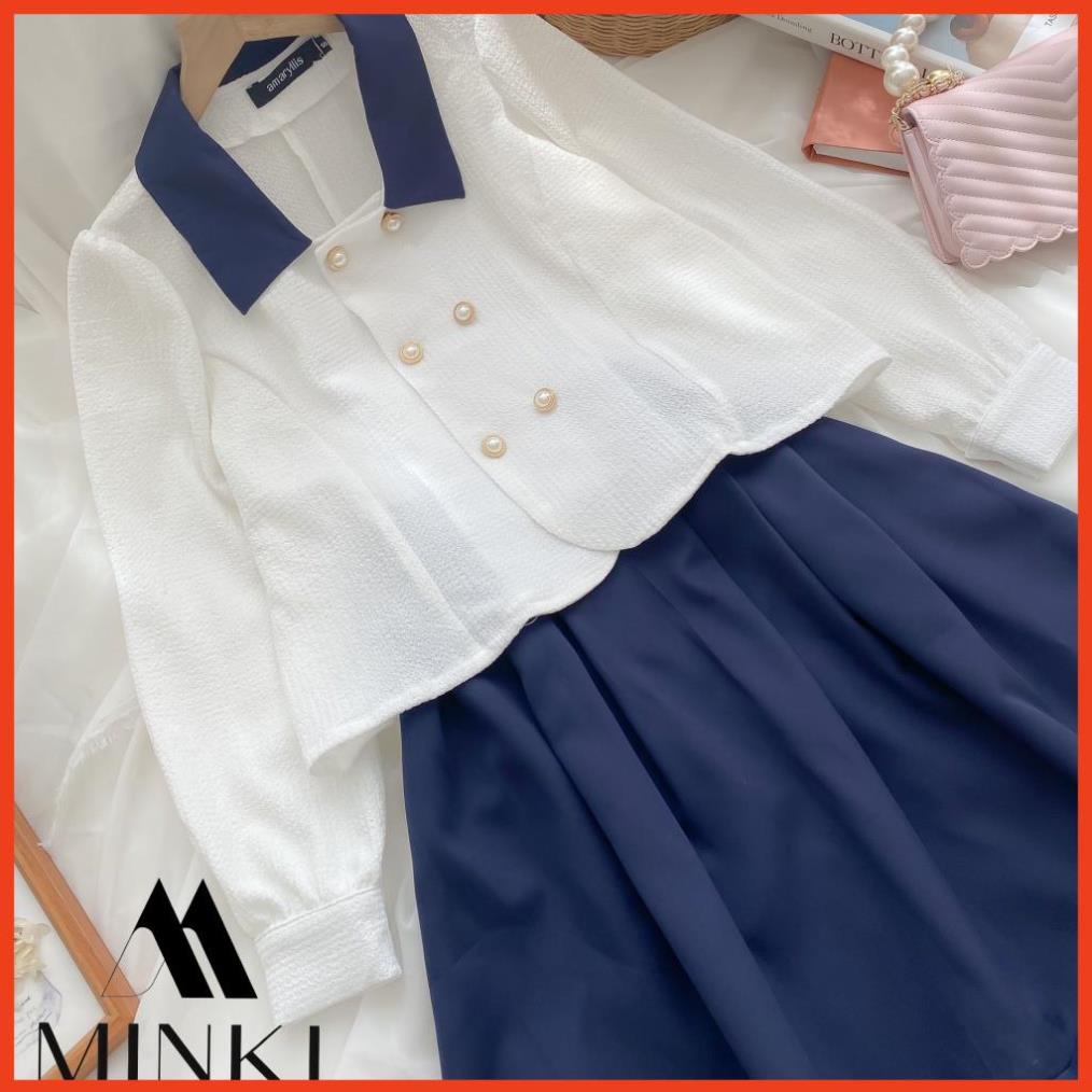 [HOT_FASHION] SET SƠ MI CÚC CHÂN VÁY XANH THAN CỔ ĐIỂN - CHẤT LIỆU CAO CẤP - PHỐI MÀU TRẮNG VÀ XANH ĐEN | BigBuy360 - bigbuy360.vn