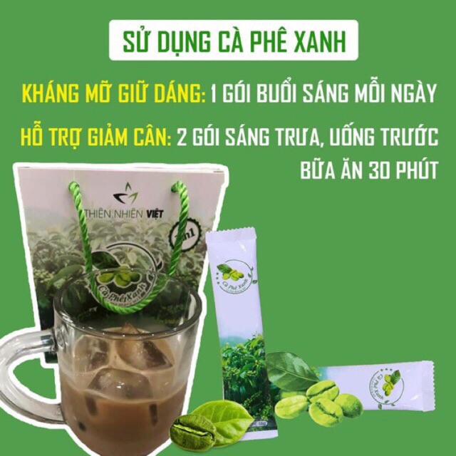 Cà Phê Xanh Kháng Mỡ Thiên Nhiên Việt Hỗ Trợ Giảm Cân Ăn Kiêng Thanh Lọc Cơ Thể Không Gây Buồn Ngủ - Hộp 10 Gói