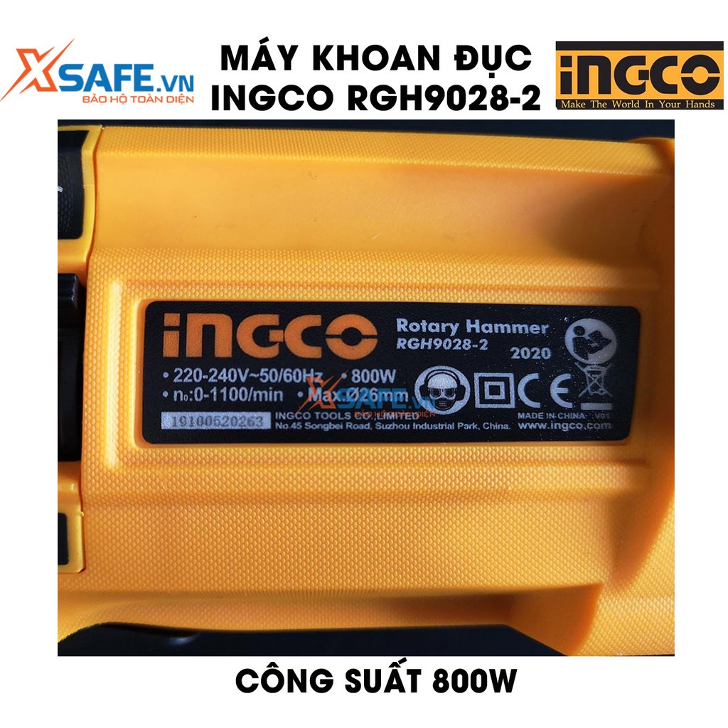 Máy khoan búa 3 chức năng 800w INGCO RGH9028-2 đầu gài sds plus, 2 đầu chuyển đổi, tốc độ 1100rpm, lực đập 2.5j