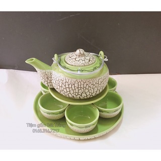Bộ ấm chén men rạn khay tròn Bát Tràng