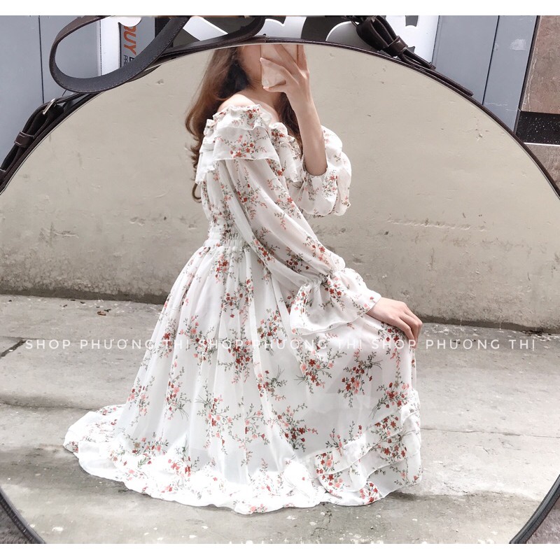 Đầm hoa nhí trễ vai hai màu (hình shop tự chụp/sẵn) | BigBuy360 - bigbuy360.vn