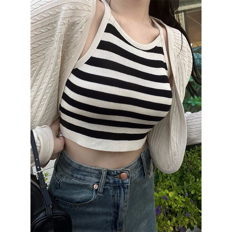Kumikumi HUANG YOYO Áo Croptop Set Áo Hai Dây + Áo Khoác cardigan Dệt Kim Thời Trang Nữ Áo croptop