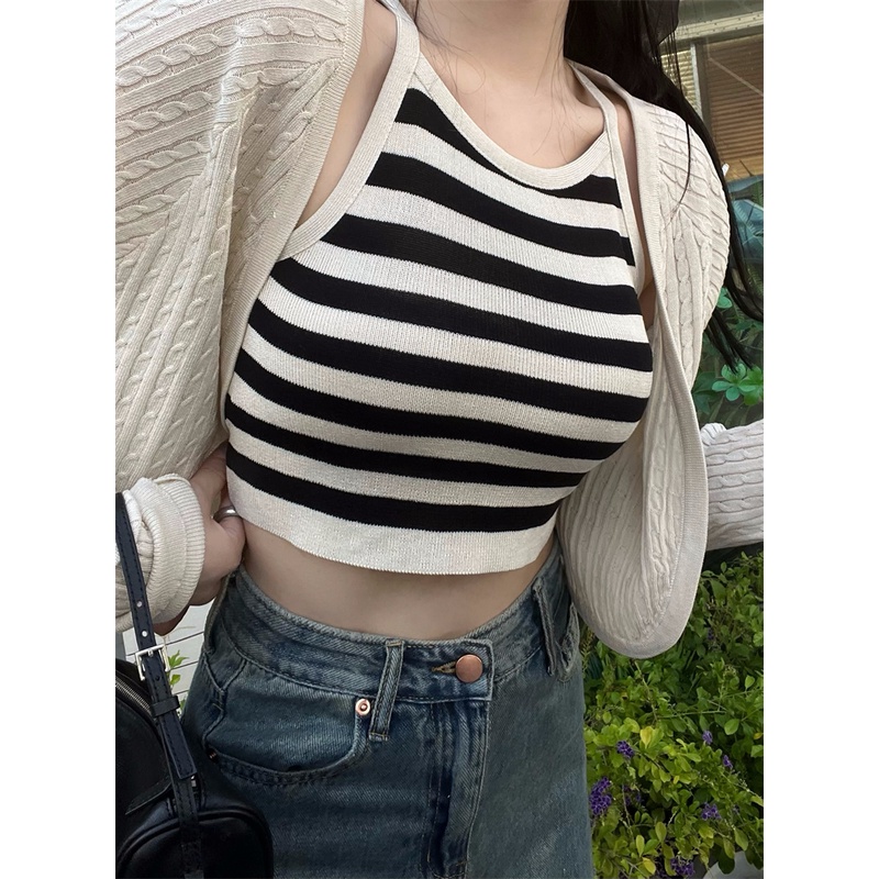 kumikumi HUANG YOYO Áo Croptop Set Áo Hai Dây + Áo Khoác cardigan Dệt Kim Thời Trang Nữ Áo croptop