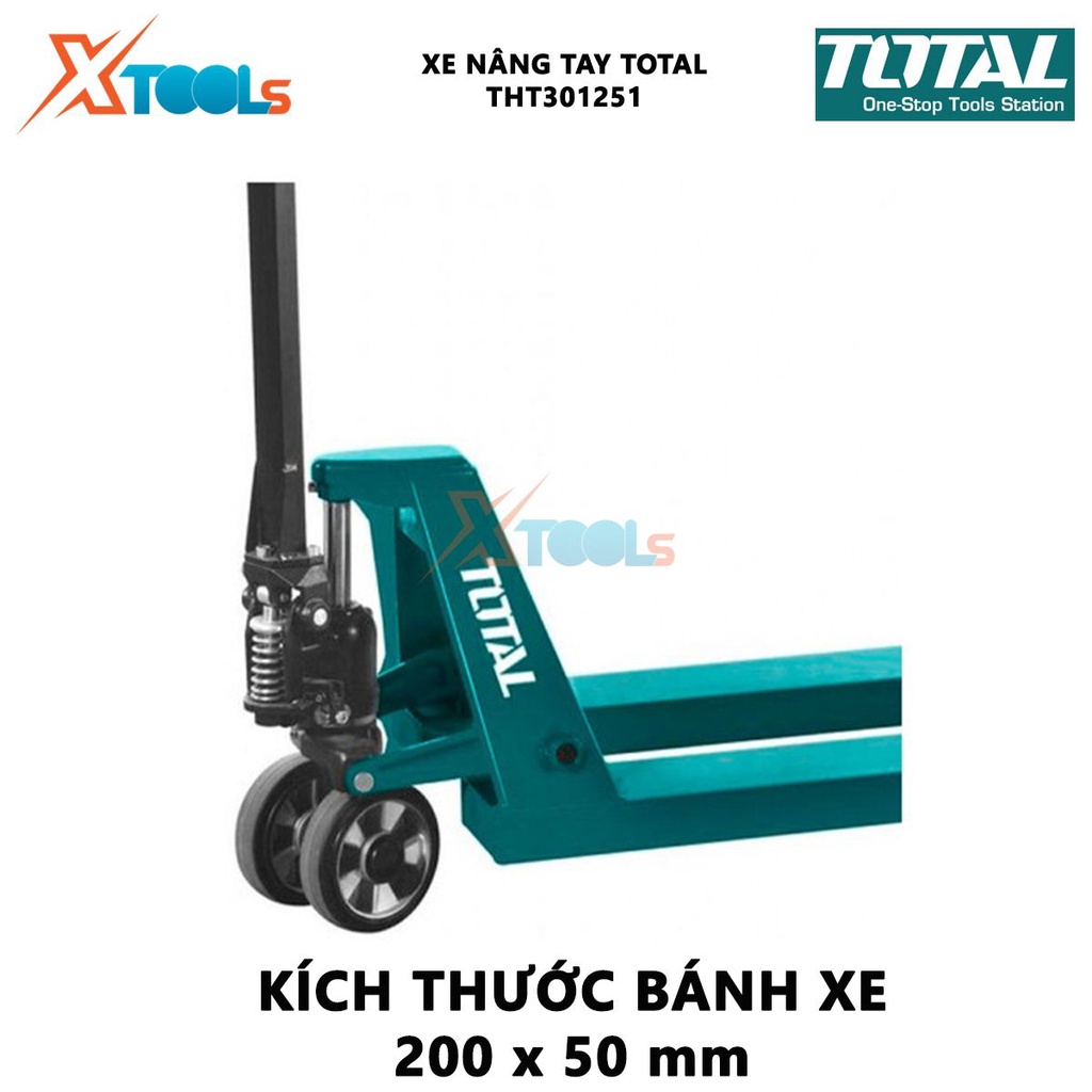 Xe nâng tay TOTAL THT301251 Xe nâng kéo hàng Tải trọng 2.5 tấn Nâng thấp nhất 85 mm Nâng cao nhất 200 mm Kích thước bánh