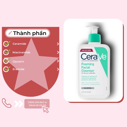 Sữa Rửa Mặt Dịu Nhẹ Dành Cho Da Dầu, Da Nhạy Cảm Cerave 236ml, 473ml SMR492