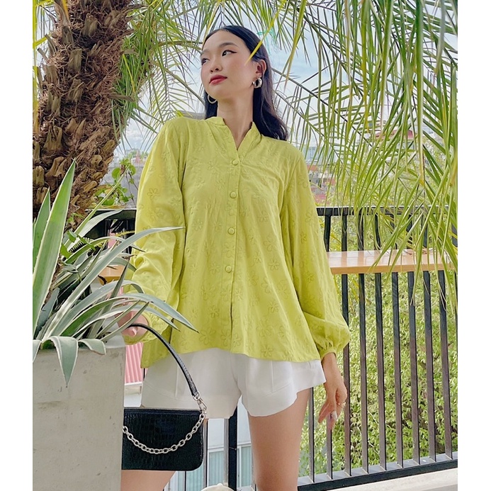 Áo xếp ly nơ lưng nút bọc 4 màu Bơ-Trắng-Hoa-Tím