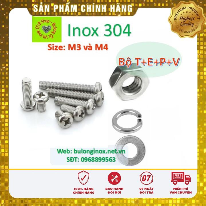 Vít pake đầu tròn inox size M3 và M4 (bộ T+ E+P+V), ốc 4 cạnh đầu cầu, ốc vặn tua vít đầu tròn thân bulong, inox 304