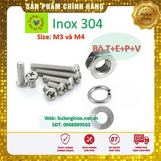 Vít pake đầu tròn inox size M3 và M4 (bộ T+ E+P+V), ốc 4 cạnh đầu  cầu, ốc vặn tua vít đầu tròn thân bulong, inox 304