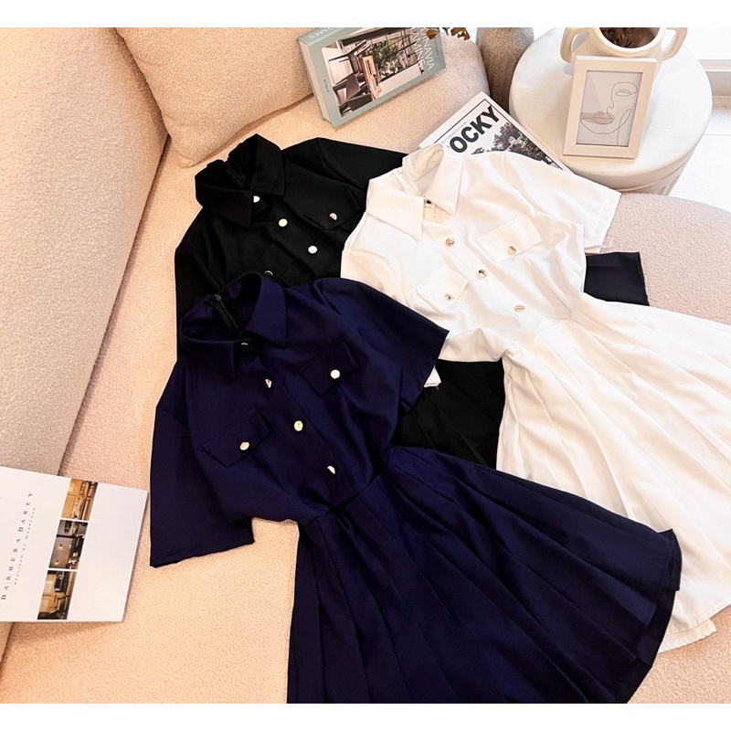 JUM CỔ SƠ MI ĐÍNH NÚT CHÂN XẾP LY