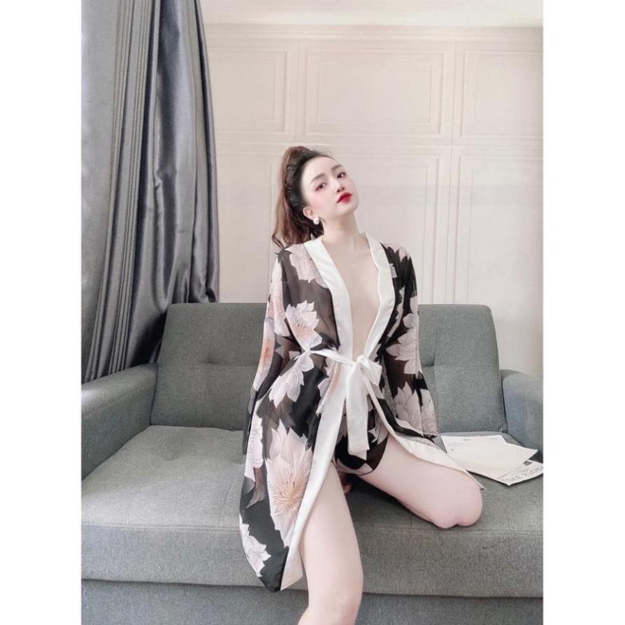 Áo Choàng Ngủ Sexy, Áo Ngủ Kimono Sexy, Áo Choàng Xuyên Thấu Chất Voan Hoa Phối Quần Satin Trơn Cao Cấp, Gợi Cảm, Thu Hú | BigBuy360 - bigbuy360.vn