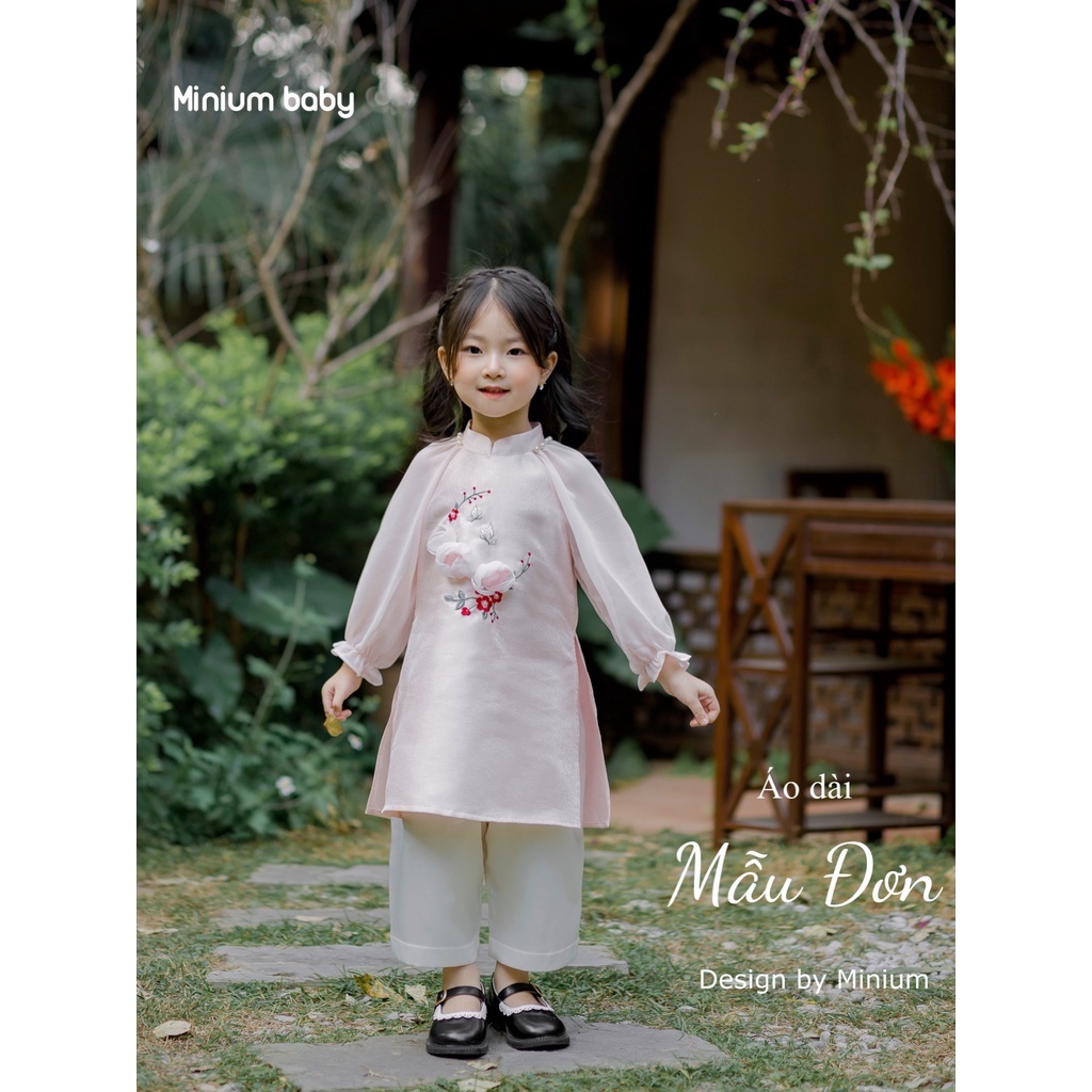 Set bộ áo dài cho bé gái, mẫu thiết kế áo dài cách tân họa tiết hoa mẫu đơn cho bé  MINIUMBABYFASHION AD1121