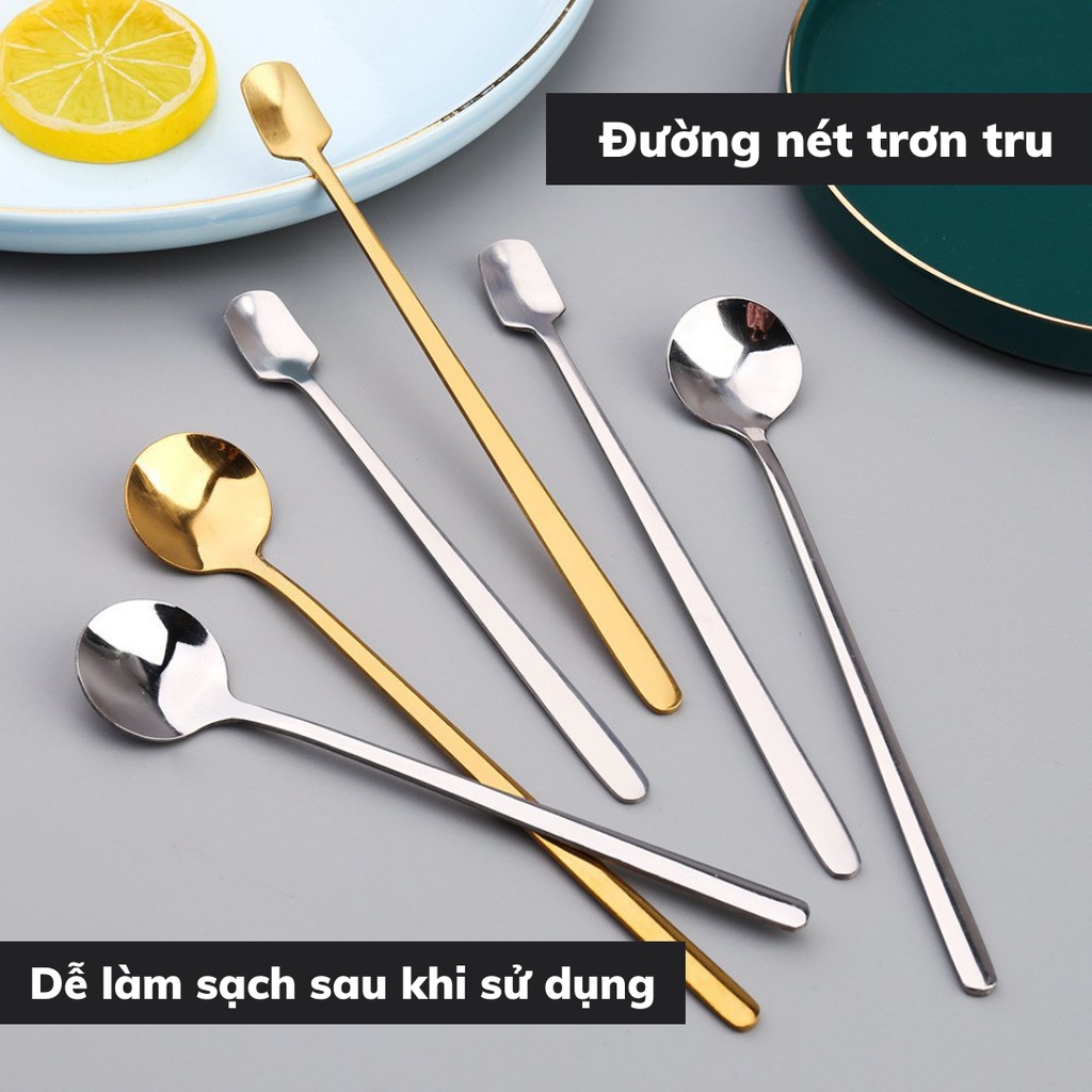 Thìa inox pha trà mạ vàng dụng cụ pha chế cà phê muỗng pha cafe cán dài thiết kế sang trọng độ dài 13 - 15 - 17 cm