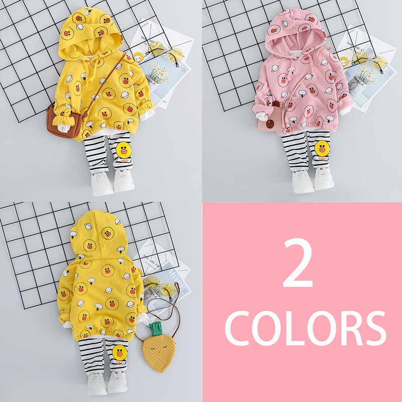 Bộ áo nỉ hoodie + quần dài in hình vịt cho bé gái