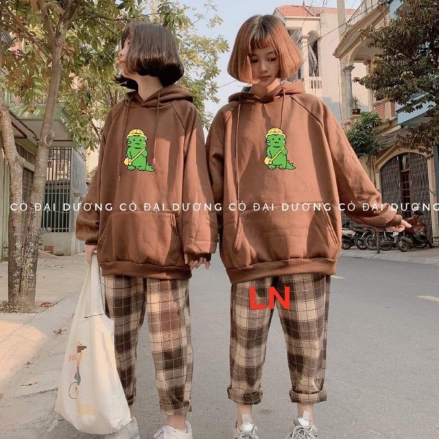 Áo hoodie nỉ mũ thụng rộng khủng Long xanh đội mũ đeo cặp