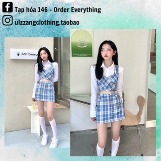 Set váy ulzzang 3 món - set áo croptop + chân váy caro kèm chain