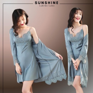 Váy Ngủ Lụa Kèm Áo Choàng Ngủ Lụa Cao Cấp CÓ MÚT NGỰC MÀU XANH SUNSHINE MNT thumbnail