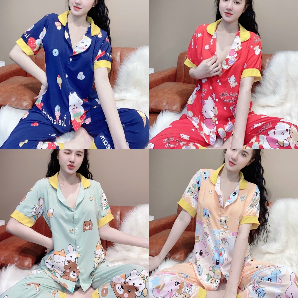 Set bộ đồ Pijama tay ngắn quần dài lụa hàn họa tiết siêu kute , Đồ mặc nhà tay ngắn họa tiết gấu dễ thương from 57 kí