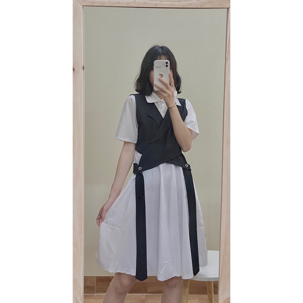 Set Váy Sơ Mi Kèm Gile Chất Liệu Đũi Xưởng_ROSYHANA_CÓ ĐÁNG GIÁ VÀ VIDEO