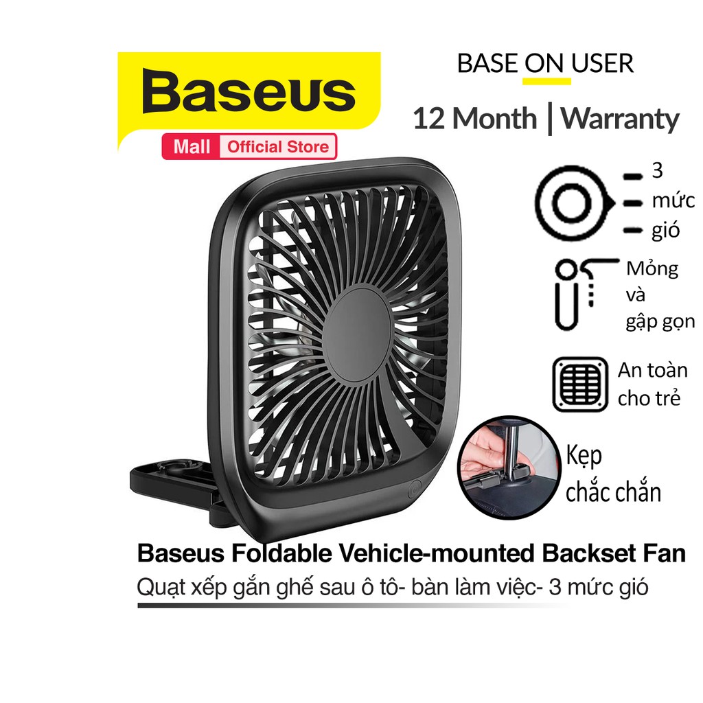 Quạt xếp Baseus Foldable Vehicle-mounted Backseat Fan đa năng gắn lưng ghế trên xe hơi và bàn làm việc | BigBuy360 - bigbuy360.vn