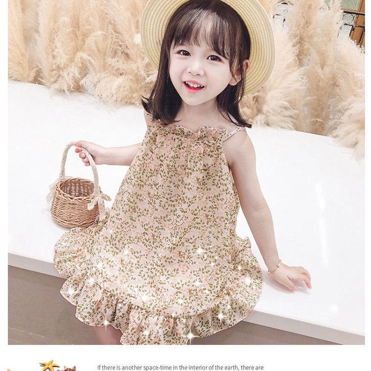 Đầm chiffon hai dây in hoa phong cách mùa hè cho bé gái 2-3 - 4-5 tuổi