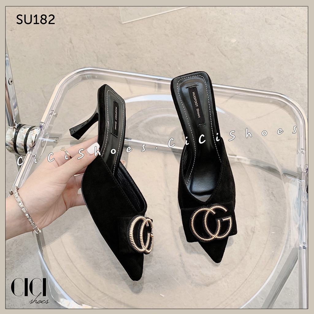 Giày cao gót nữ CiCi Shoes 7cm gót nhọn, dép sục da lộn mũi nhọn khoá đồng - SU182