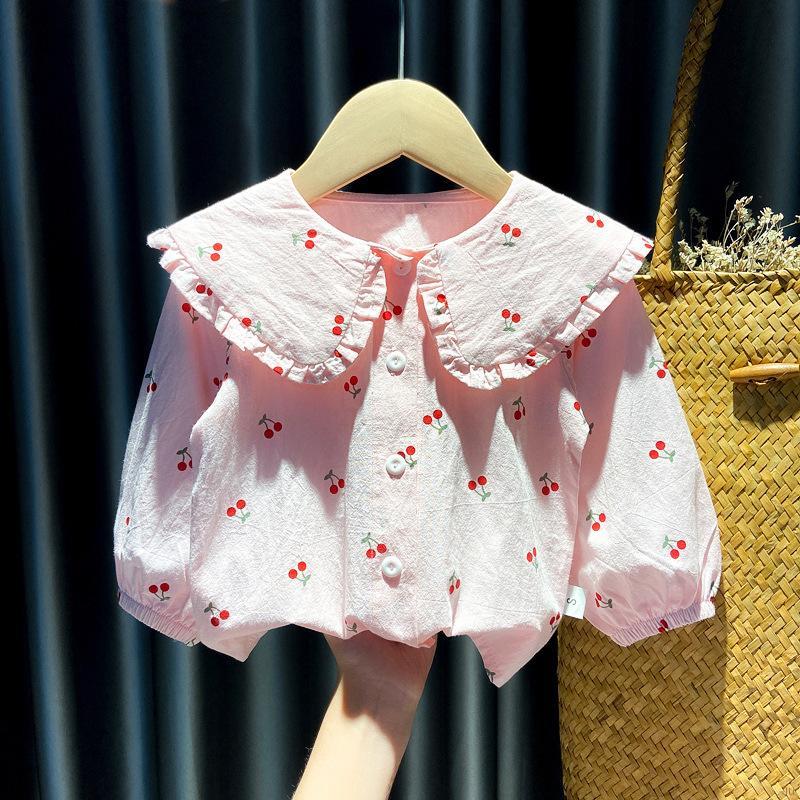 IU Autumn Baby Girl Cute Cherry Print Doll Collar Design Blouse Casual Kids Sweet Long Sleeve Clothes