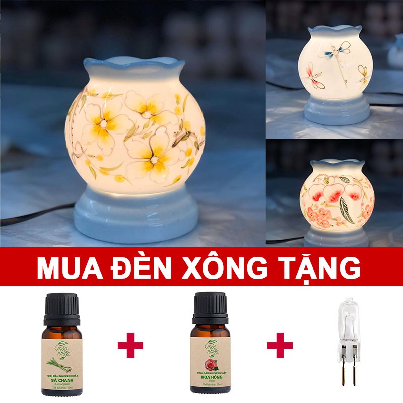 [Tặng bóng dự phòng] Đèn xông tinh dầu gốm Bát Tràng - Kèm 02 chai tinh dầu 10ml nguyên chất hương tùy chọn