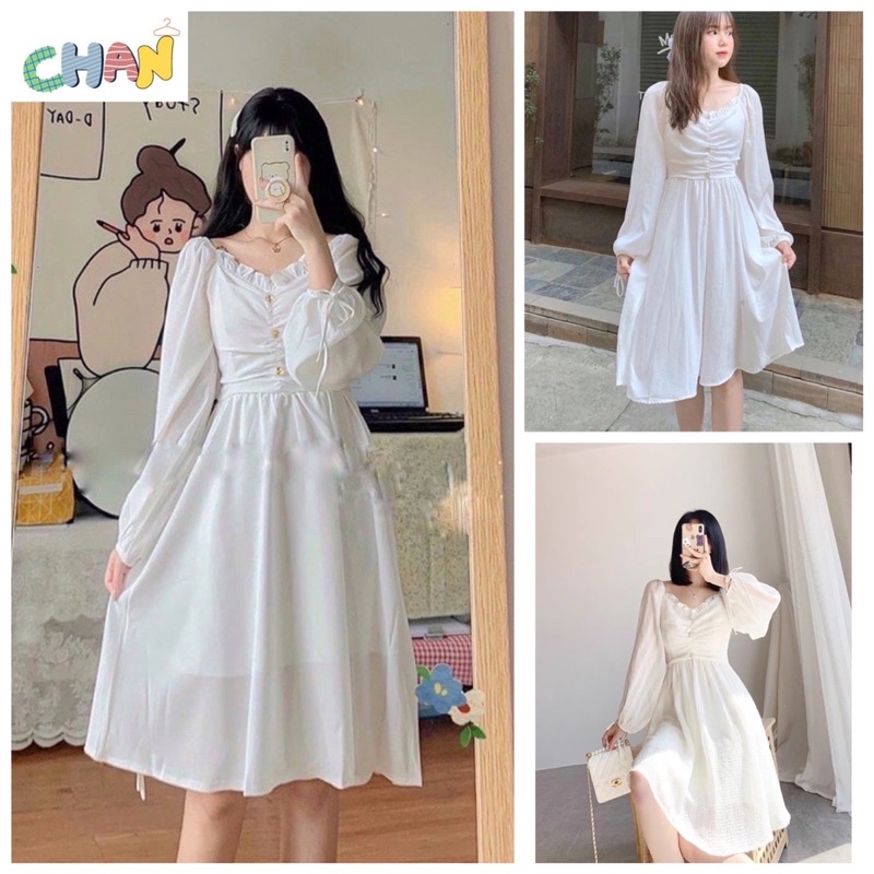 Váy Bánh Bèo Màu Trắng Rúm Ngực, Đầm Dự Tiệc Màu Trắng Chan House