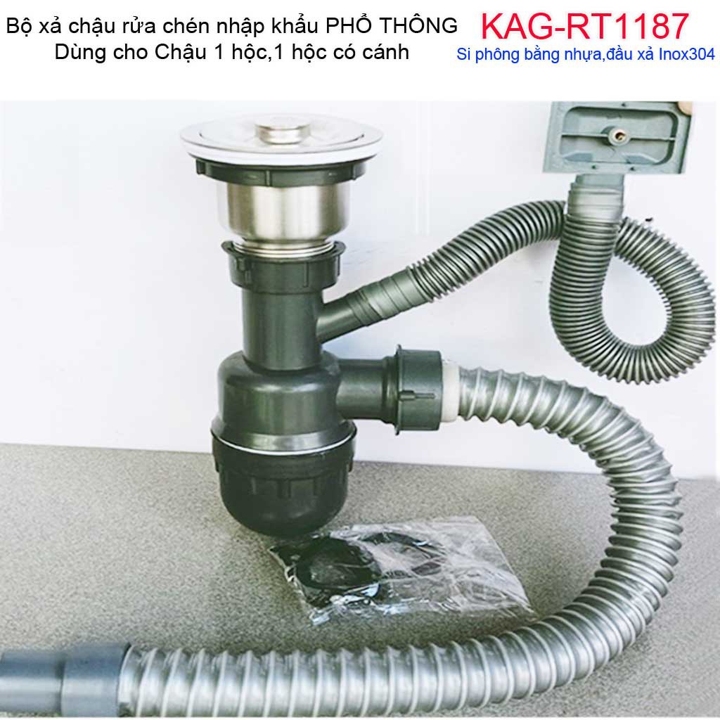 Bộ xả chậu chén bát 1 hố trọn bộ, ống xả xi phông chậu rửa chén bát 1 hộc KAG-RT1187