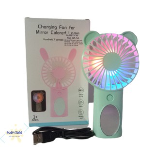 QUẠT CẦM TAY & ĐỂ BÀN KÈM GƯƠNG MINI, 2 MỨC QUẠT, CÓ ĐÈN LED ĐỔI MÀU (Sạc điện cổng USB)